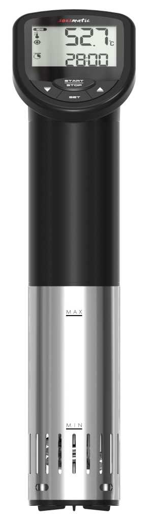 Schwarzer Sous-Vide-Stick mit Display und Tasten, unten Edelstahlgehäuse mit Min-/Max-Markierungen und Lüftungsschlitzen