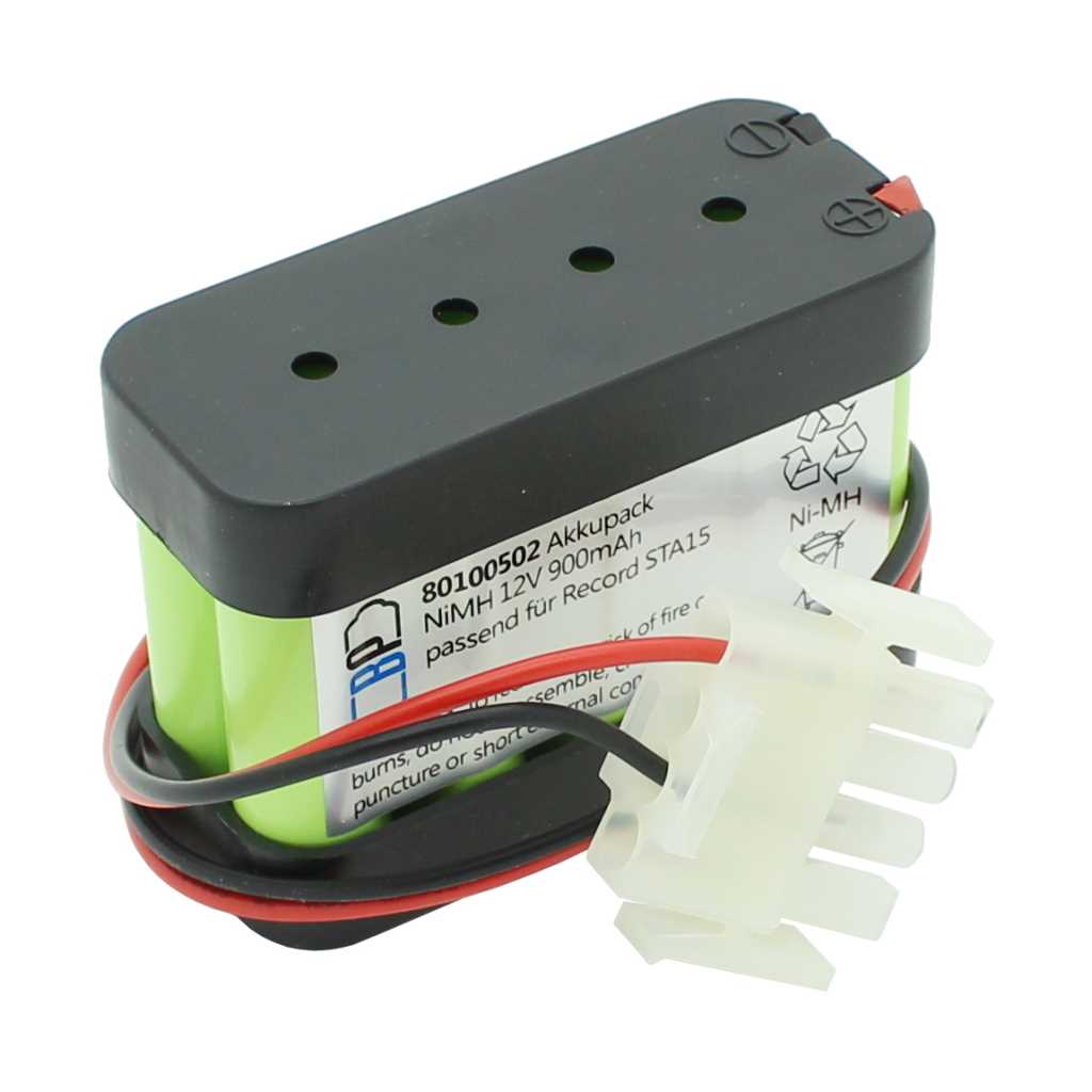 Grün-schwarzer Akkupack mit zwei Kabeln und weißem Steckverbinder, oben mit fünf runden Öffnungen und Plus/Minus-Markierung