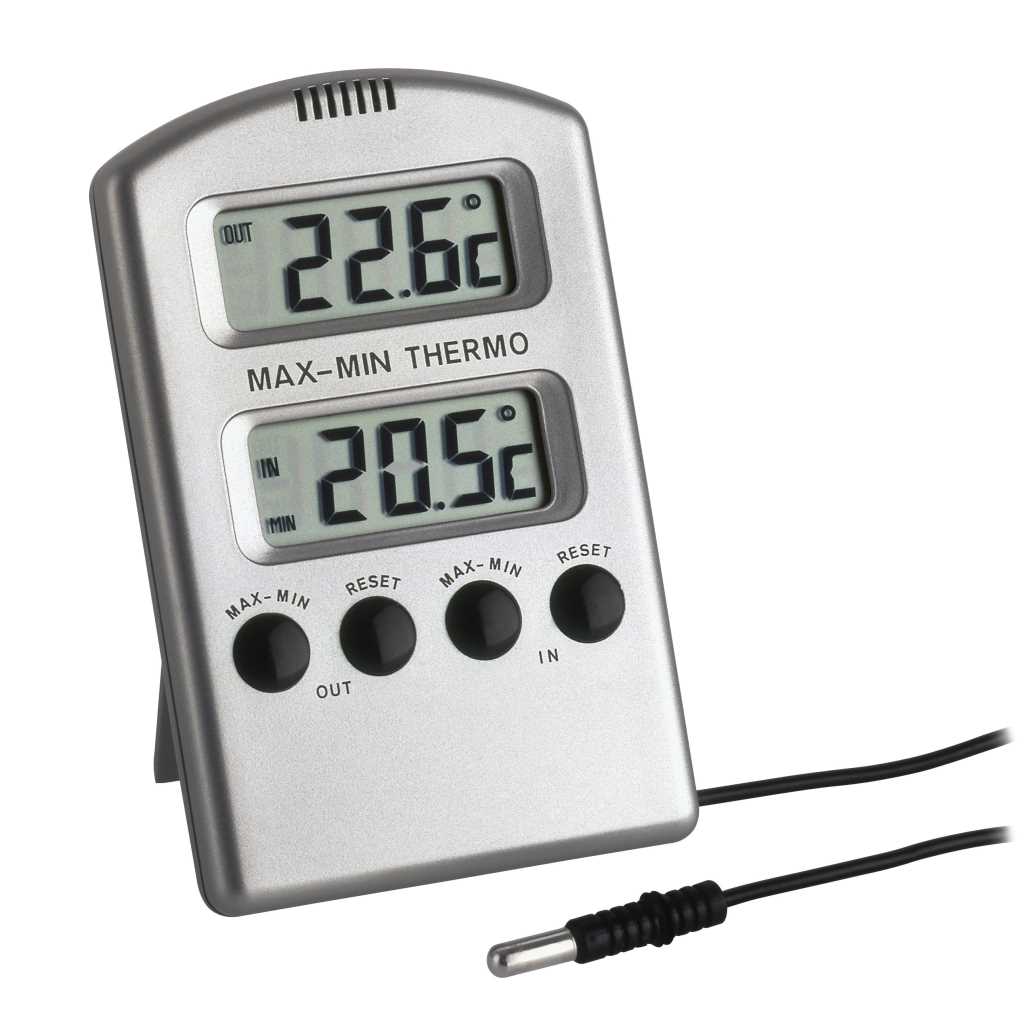 Silbernes Thermometer mit zwei LCD-Anzeigen und Kabelsensor, Anzeige außen 22,6 °C und innen 20,5 °C
