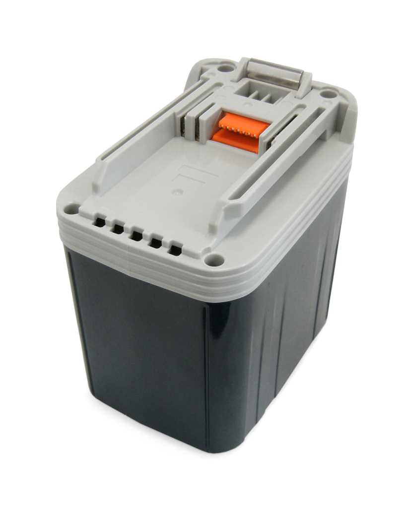 Schwarzer Werkzeugakku mit grauer Oberseite, orangefarbenem Steckkontakt und Schiebeführung auf weißem Hintergrund