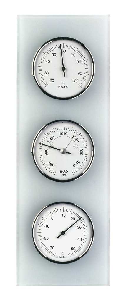 Mattes Glas-Panel mit drei runden Anzeigen für Luftfeuchte, Luftdruck und Temperatur, senkrecht angeordnet