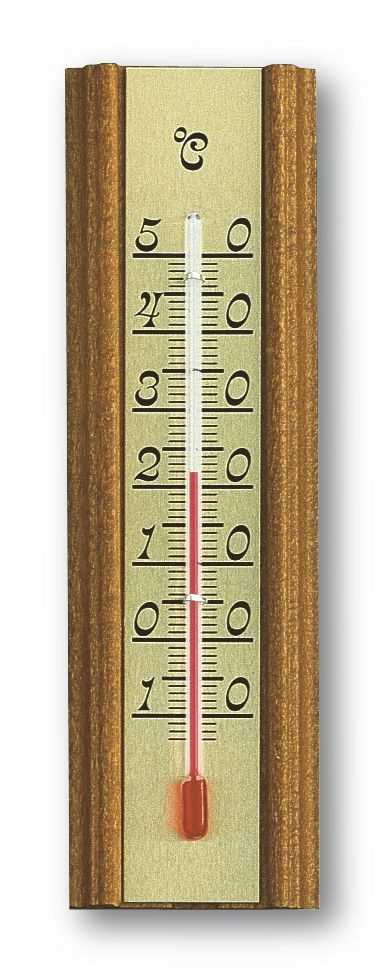 Holzthermometer mit goldfarbener Skala und roter Flüssigkeitssäule, mittig eine vertikale Messskala