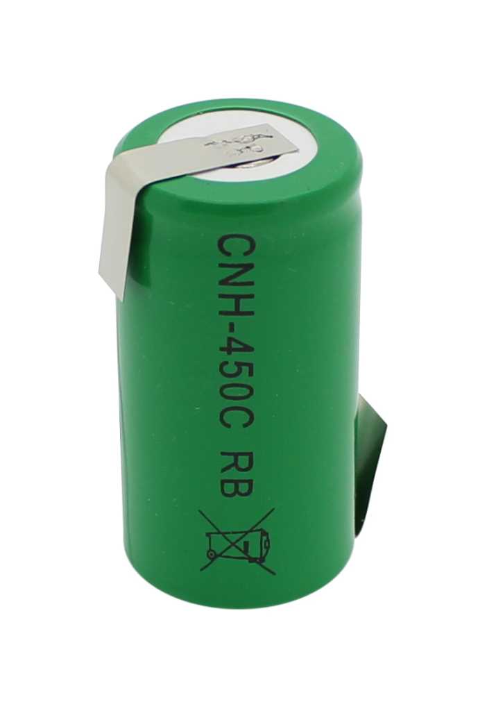 Grüner zylindrischer Akku mit Metallkappe und zwei seitlichen Lötfahnen, eine oben gebogen und eine unten seitlich