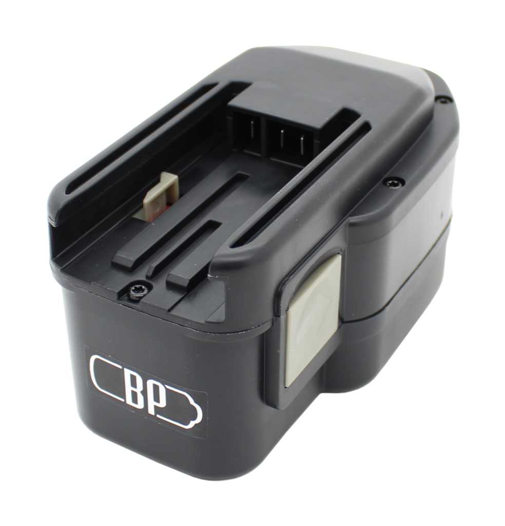 Schwarzer Werkzeugakku mit Steckschienen und grauer Entriegelungstaste, seitlich mit BP-Logo auf weißem Hintergrund