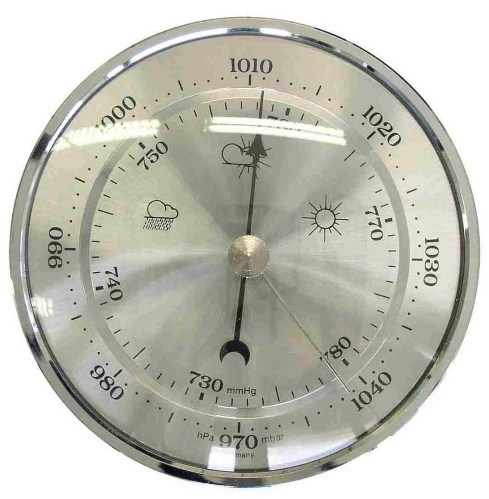 Rundes Barometer mit silbernem Zifferblatt, Skala 730–780 mmHg und Wetter-Symbolen, Zeiger auf 1010 hPa