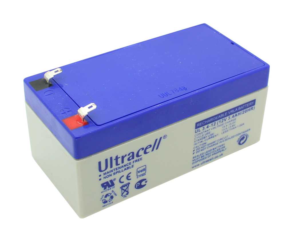 Rechteckiger Akku mit blauem Deckel und hellgrauem Gehäuse, zwei Flachsteckanschlüsse oben, einer rot markiert