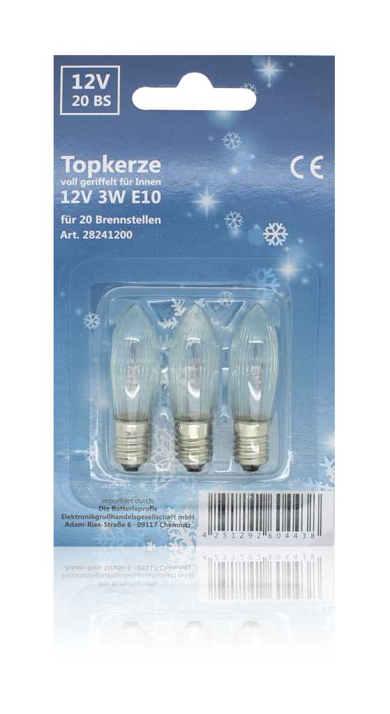 Blisterverpackung mit drei transparenten, geriffelten Kerzenlampen mit Schraubsockel vor blauem Hintergrund mit