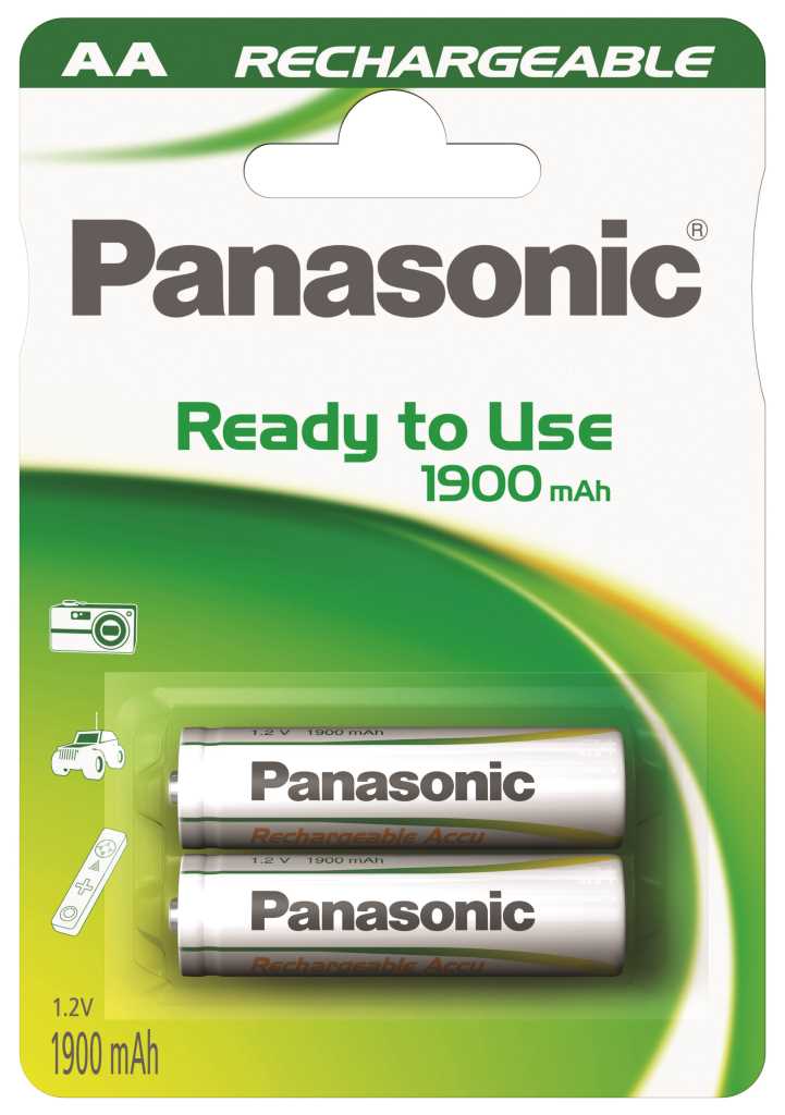 Verpackung mit zwei AA-Akkus von Panasonic, weiß mit grünem Design, Angaben zu 1900 mAh und 1,2 V sichtbar
