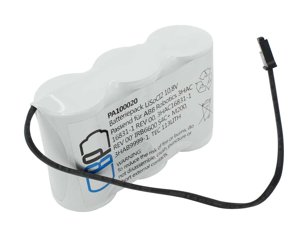 Weißes Batteriepack mit drei zylindrischen Segmenten, schwarzem Kabel und kleinem Steckverbinder auf weißem Hintergrund