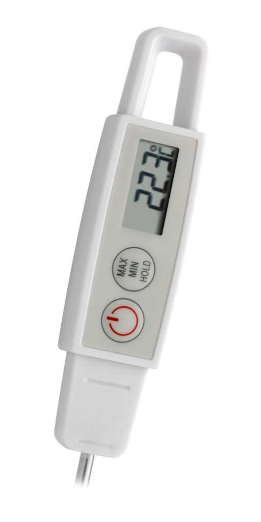 Weißes digitales Thermometer mit Display und zwei runden Tasten, unten Metallsonde sichtbar