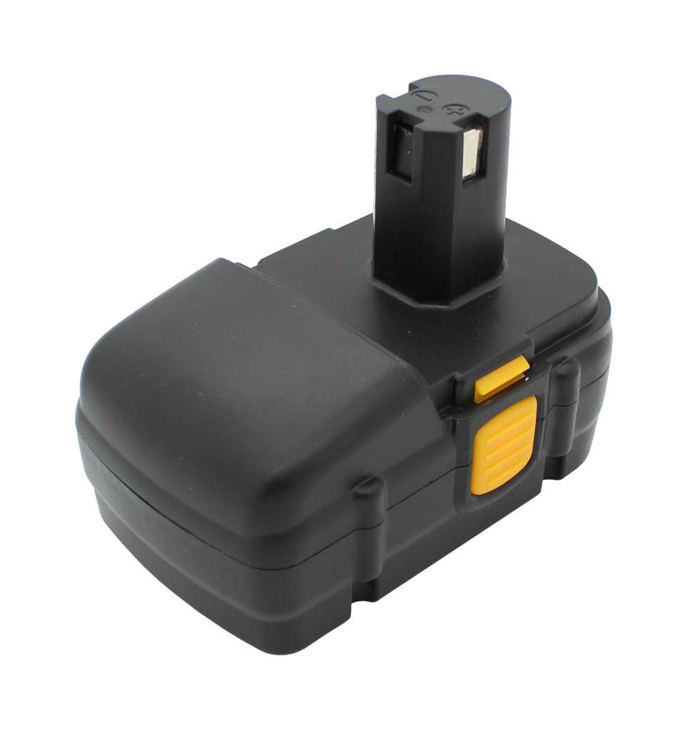 Schwarzer Werkzeugakku mit hohem Steckanschluss und gelbem Entriegelungsknopf auf weißem Hintergrund