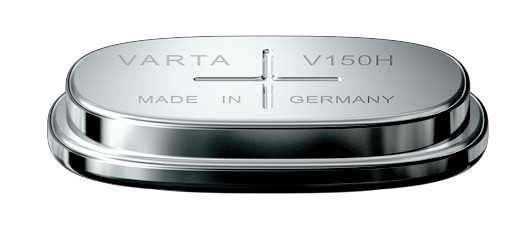 Silberne Knopfzelle in ovaler Form mit eingeprägter Aufschrift und Pluszeichen auf der Oberseite