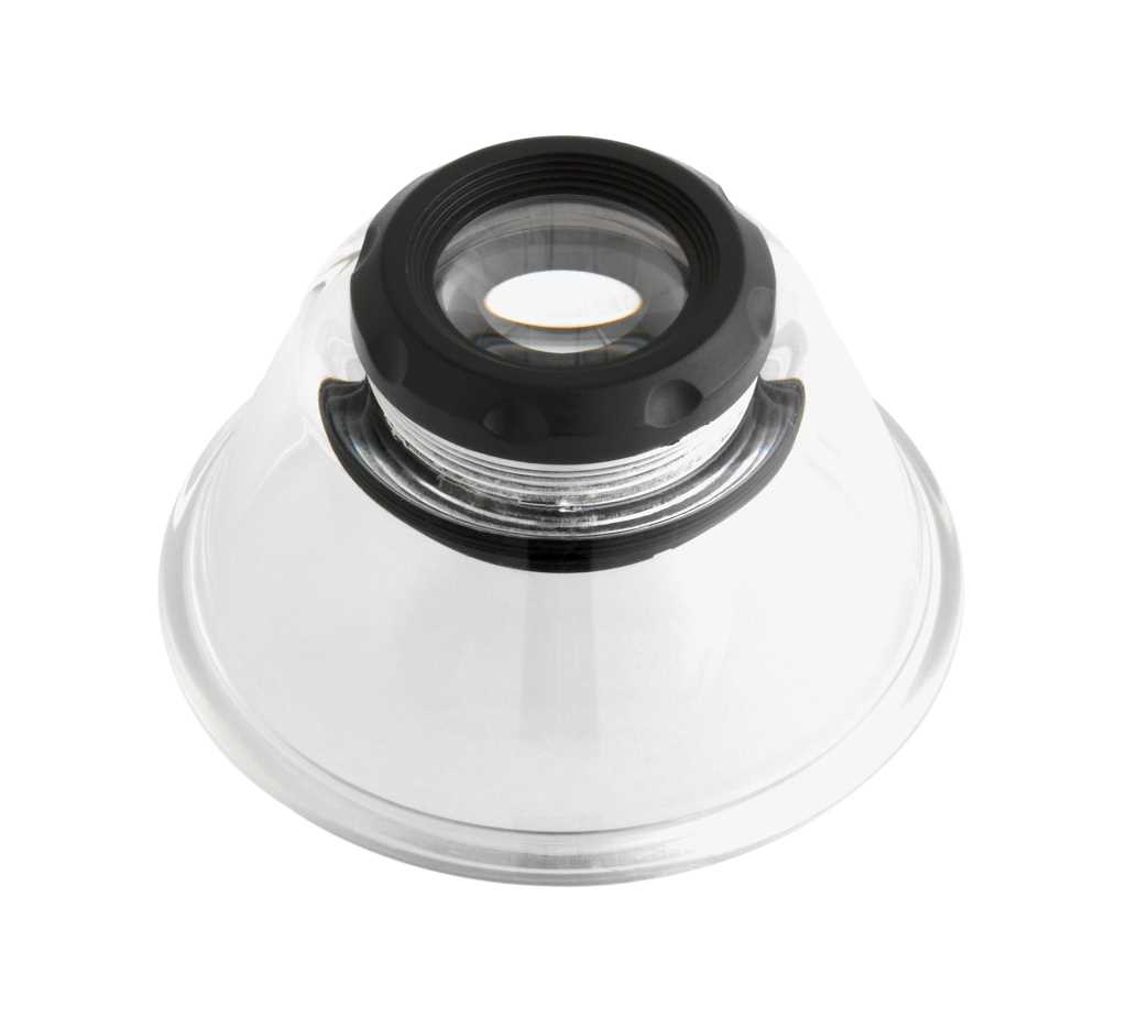 Transparente Lupe mit schwarzem Ring und runder Linse, Draufsicht auf weißem Hintergrund