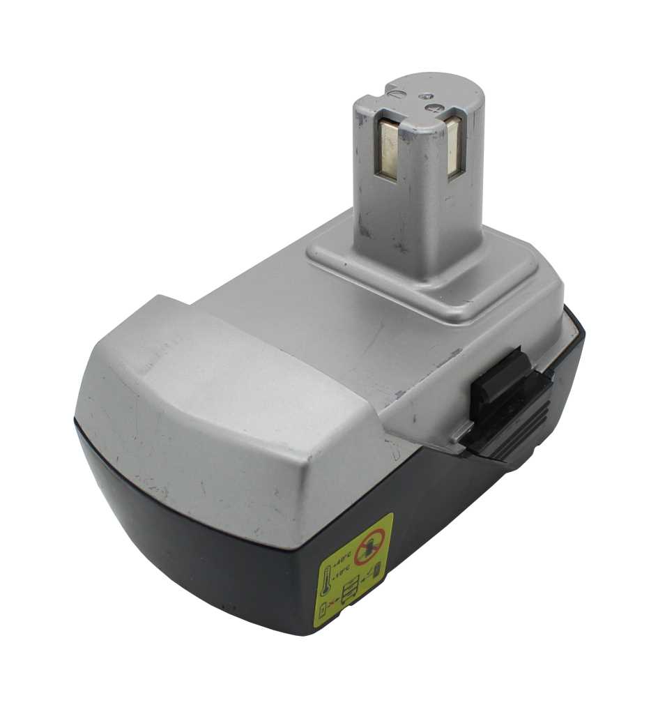 Silber-schwarzer Akku für Elektrowerkzeug mit Kontaktstift oben und seitlicher Entriegelungstaste