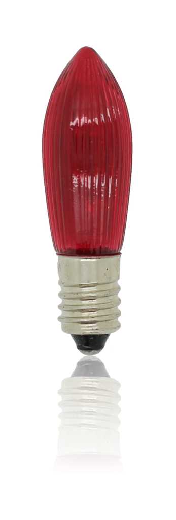 Rote geriffelte Kerzenlampe mit silbernem Schraubsockel vor weißem Hintergrund