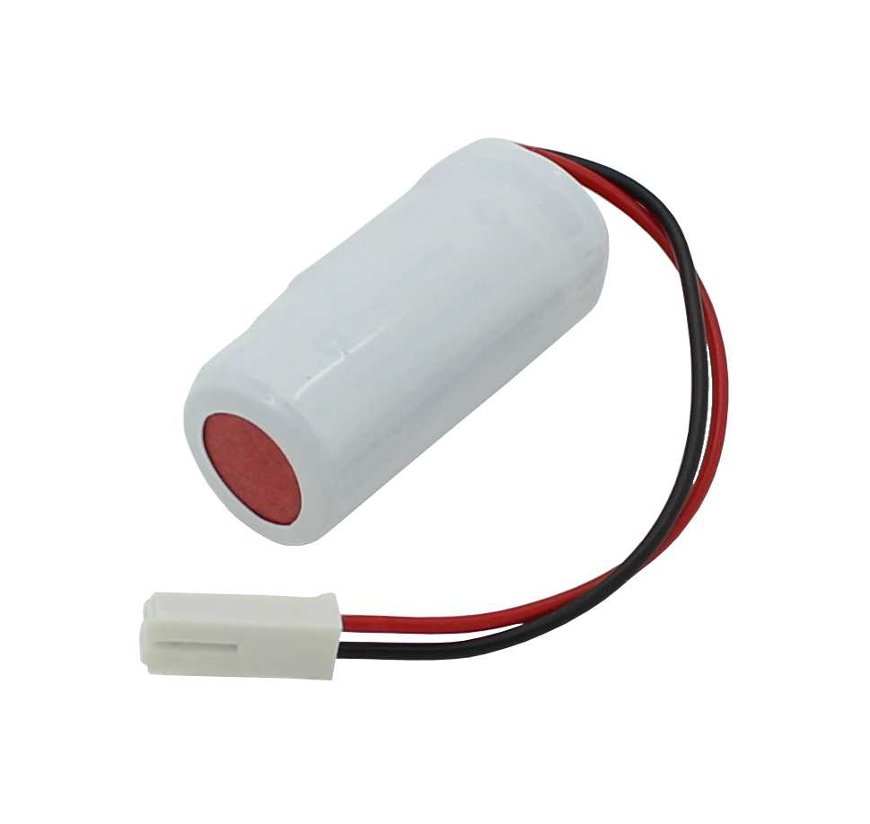 Weißer zylindrischer Akku mit roten und schwarzen Kabeln und weißem Stecker an einem Ende