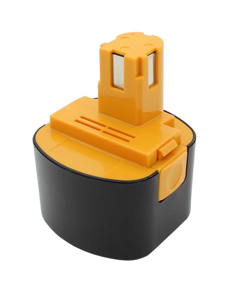 Schwarz-gelber Akku mit ovalem Gehäuse, oben Steckanschluss mit zwei Metallkontakten und seitlicher Entriegelungstaste