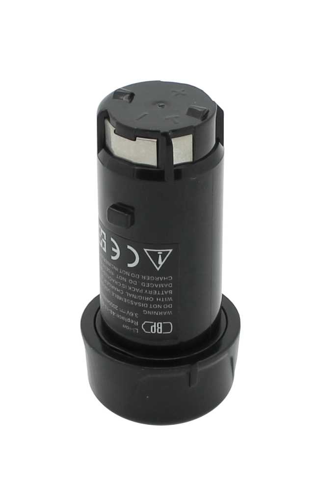 Schwarzer zylindrischer Werkzeugakku mit Metallkontakten oben und breiterem Sockel unten, freigestellt vor Weiß