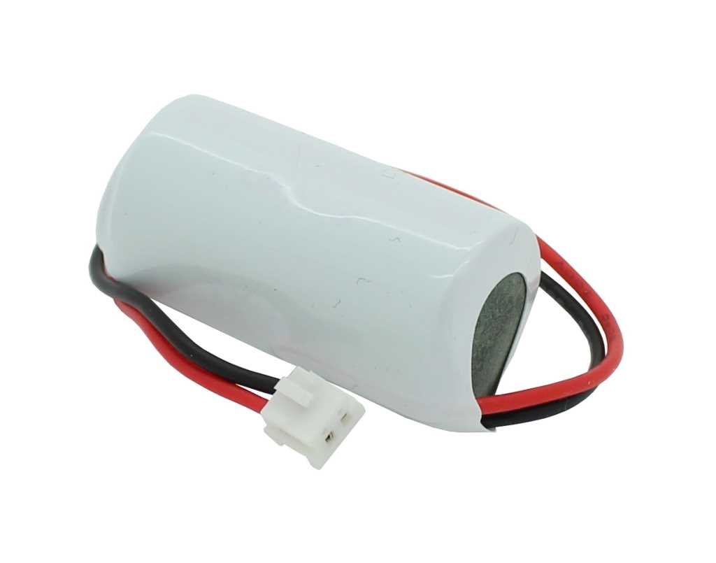 Weiß ummantelte zylindrische Batterie mit roten und schwarzen Kabeln und weißem Steckverbinder auf weißem Hintergrund