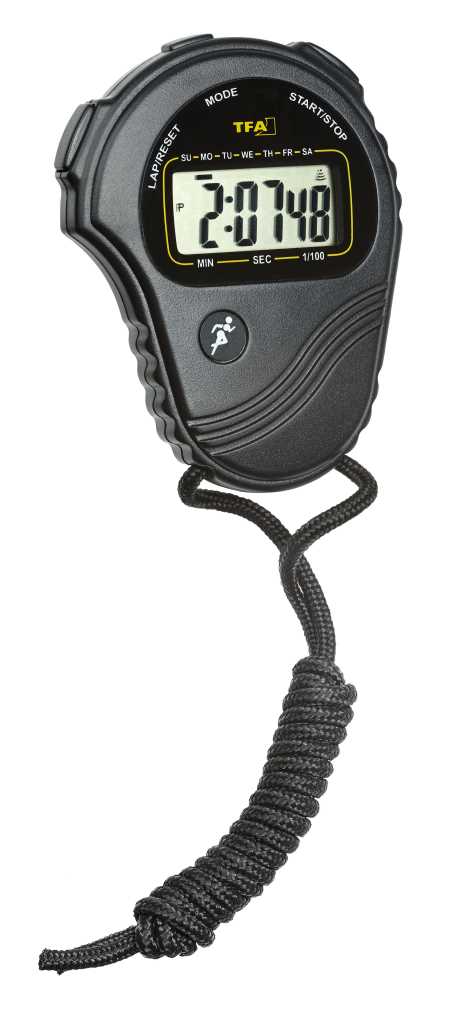 Schwarze digitale Stoppuhr mit LCD-Anzeige und langem schwarzem Umhängeband auf weißem Hintergrund