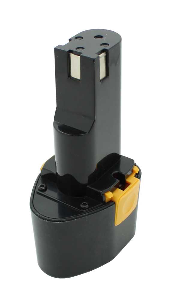 Schwarzer Werkzeugakku mit zwei Metallkontakten oben und gelbem Entriegelungsknopf an der Seite