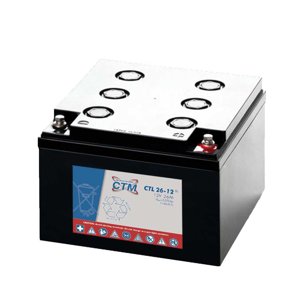 Schwarzer rechteckiger Akku mit silbernem Deckel, sechs Schraubkappen und zwei Anschlusspolen auf der Oberseite