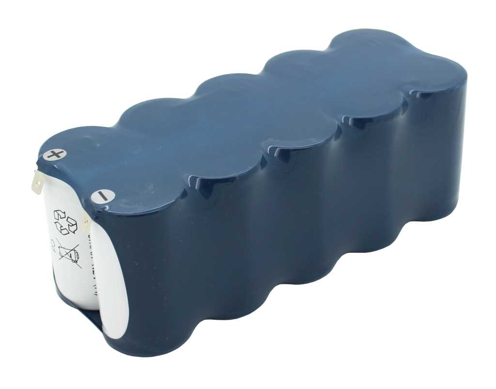 Dunkelblauer Akkupack aus fünf zylindrischen Zellen mit Plus- und Minus-Markierung sowie zwei Metallkontakten an einer