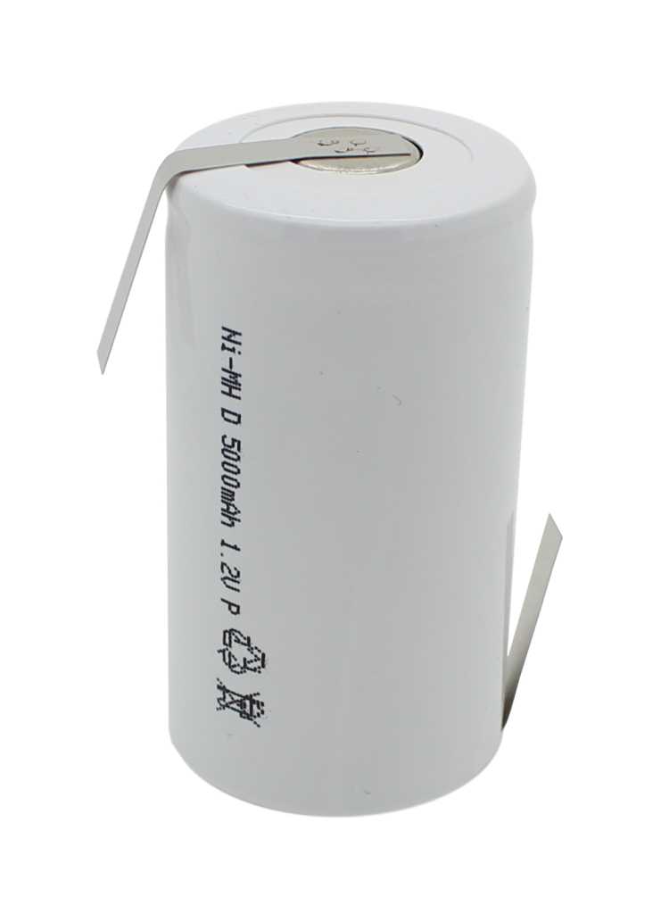 Weißer zylindrischer Akku mit zwei seitlichen Metallfahnen und sichtbarem Pluspol oben