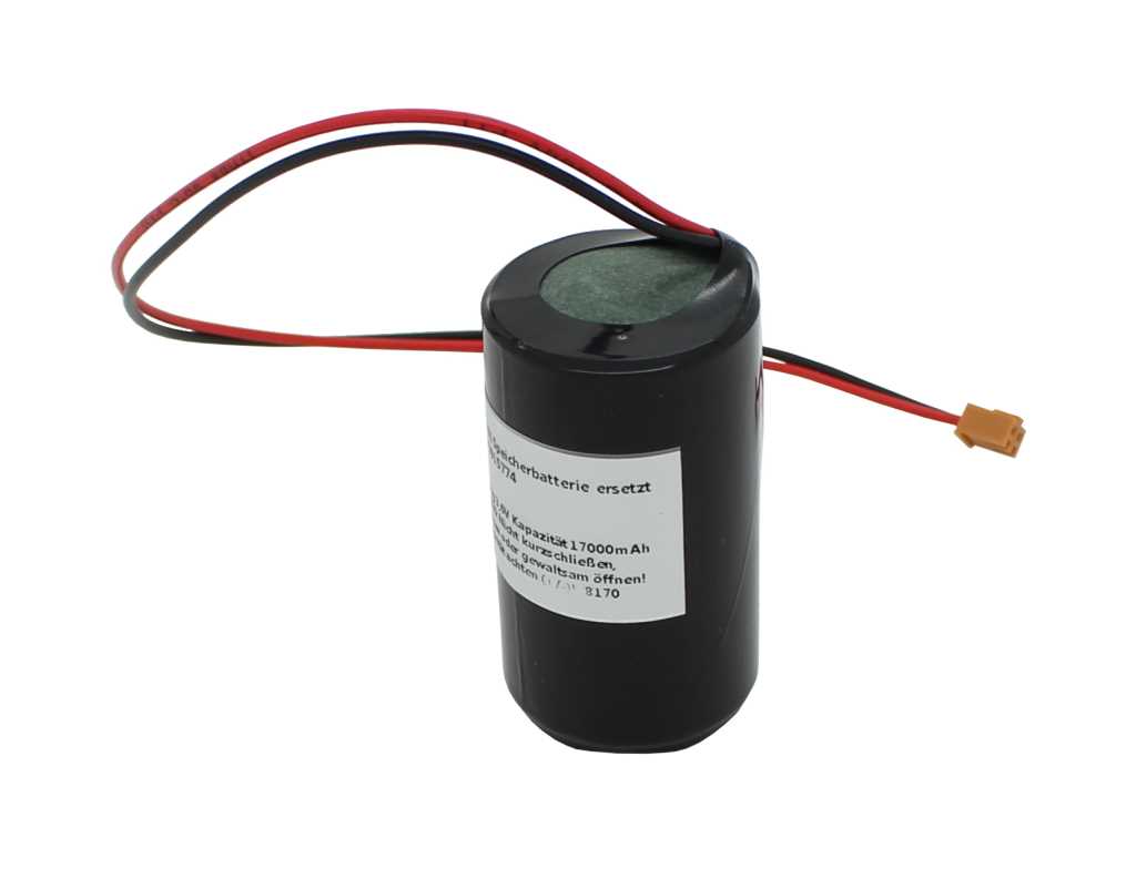 Schwarzer zylindrischer Batteriekörper mit Etikett, zwei Kabeln und kleinem Stecker auf weißem Hintergrund