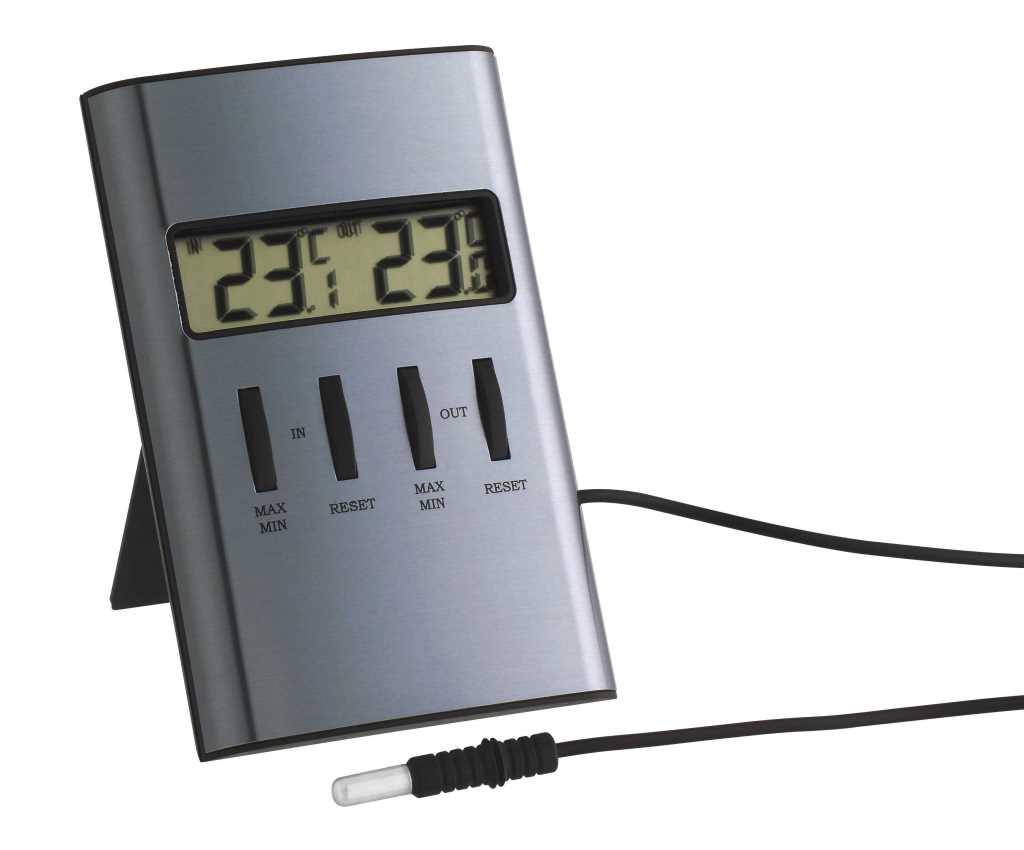 Silbernes digitales Thermometer mit Display und Tasten, seitlich angeschlossenem Kabelsensor und Aufstellfuß