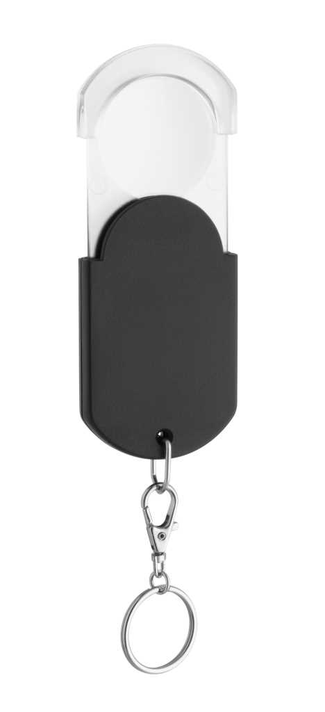 Schwarzes Gehäuse mit ausziehbarer transparenter Linse und Metallkarabiner mit Schlüsselring an weißem Hintergrund