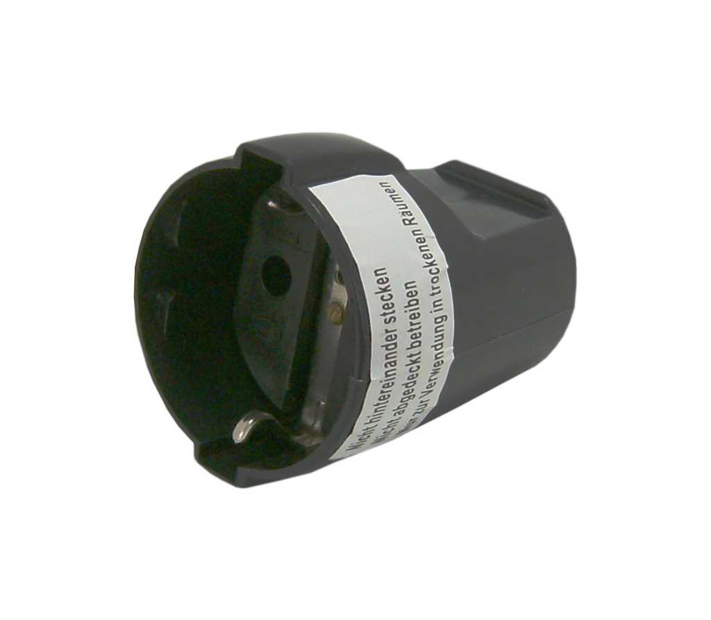 Schwarze Schuko-Kupplung mit seitlichem Schraubverschluss und weißem Warnetikett, seitliche Ansicht
