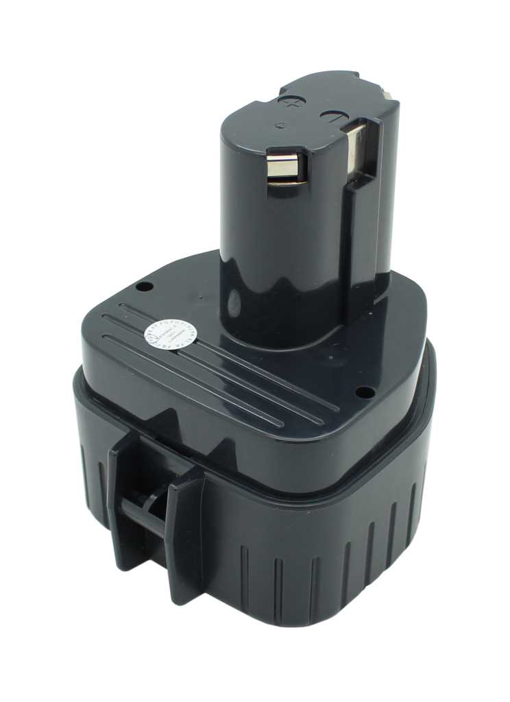 Schwarzer Werkzeugakku mit Steckkontakten und Rastnasen, seitliche Ansicht auf weißem Hintergrund