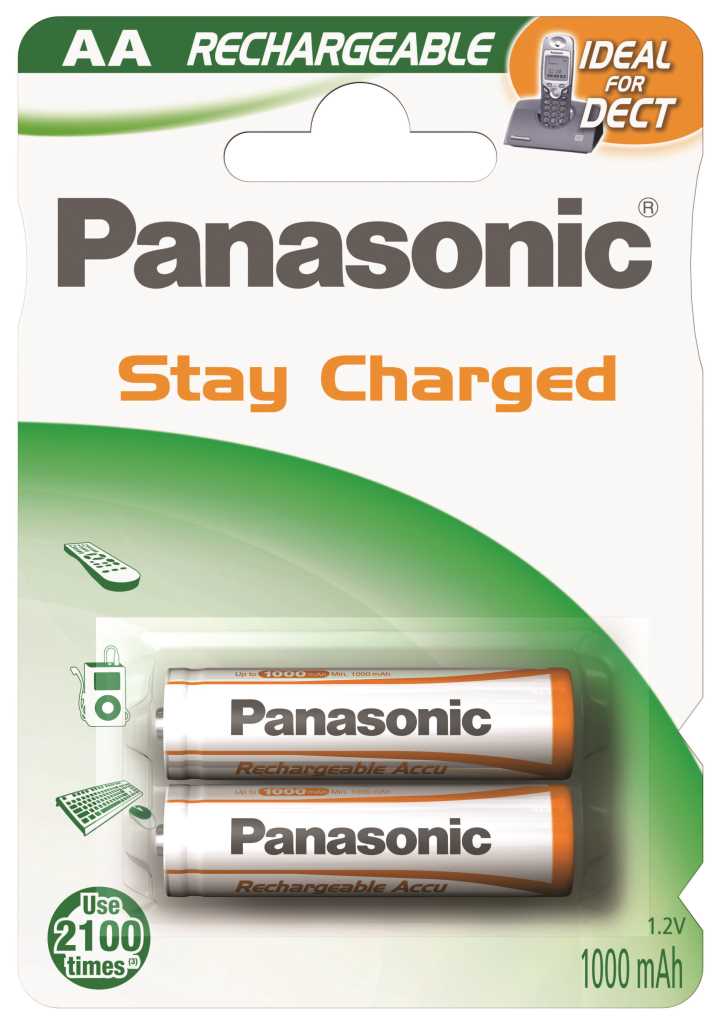 Blisterverpackung mit zwei AA-Akkus, orange-weißes Design, grünem Hintergrund und großem Panasonic-Schriftzug