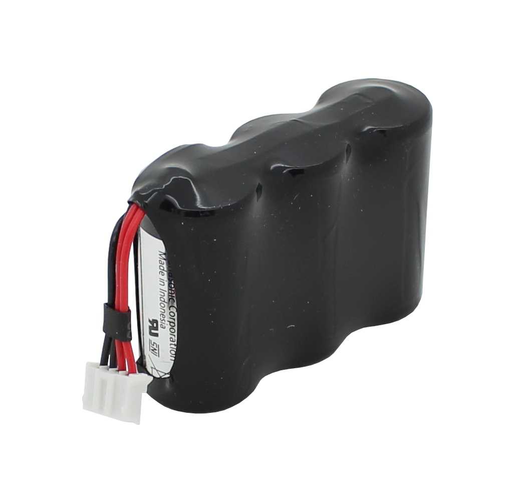 Schwarz eingeschrumpfter Batteriepack mit zwei roten und zwei schwarzen Kabeln und weißem 4-poligem Stecker