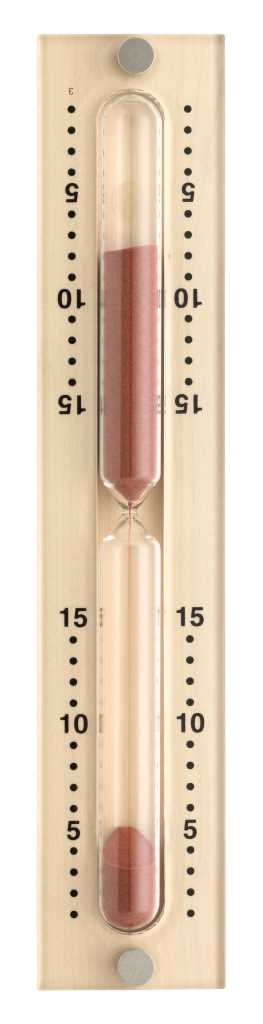 Sanduhr mit rotem Sand in transparenter Abdeckung auf hellem Holzbrett mit Minutenskala und Punkten links und rechts