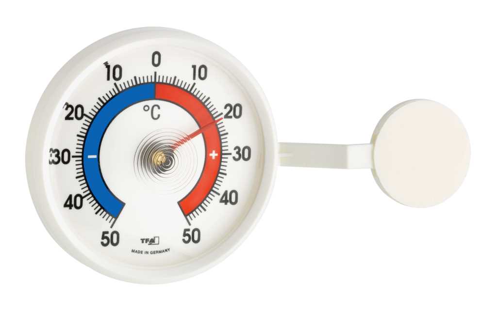 Rundes weißes Thermometer mit Skala und rot-blauem Ring sowie seitlichem Arm mit runder Befestigungsscheibe
