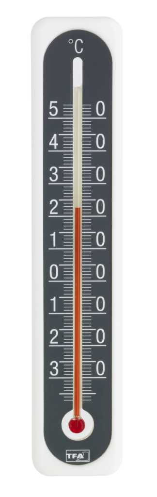 Weiß-graues Stabthermometer mit Celsius-Skala und roter Flüssigkeitssäule auf dunkler Skala