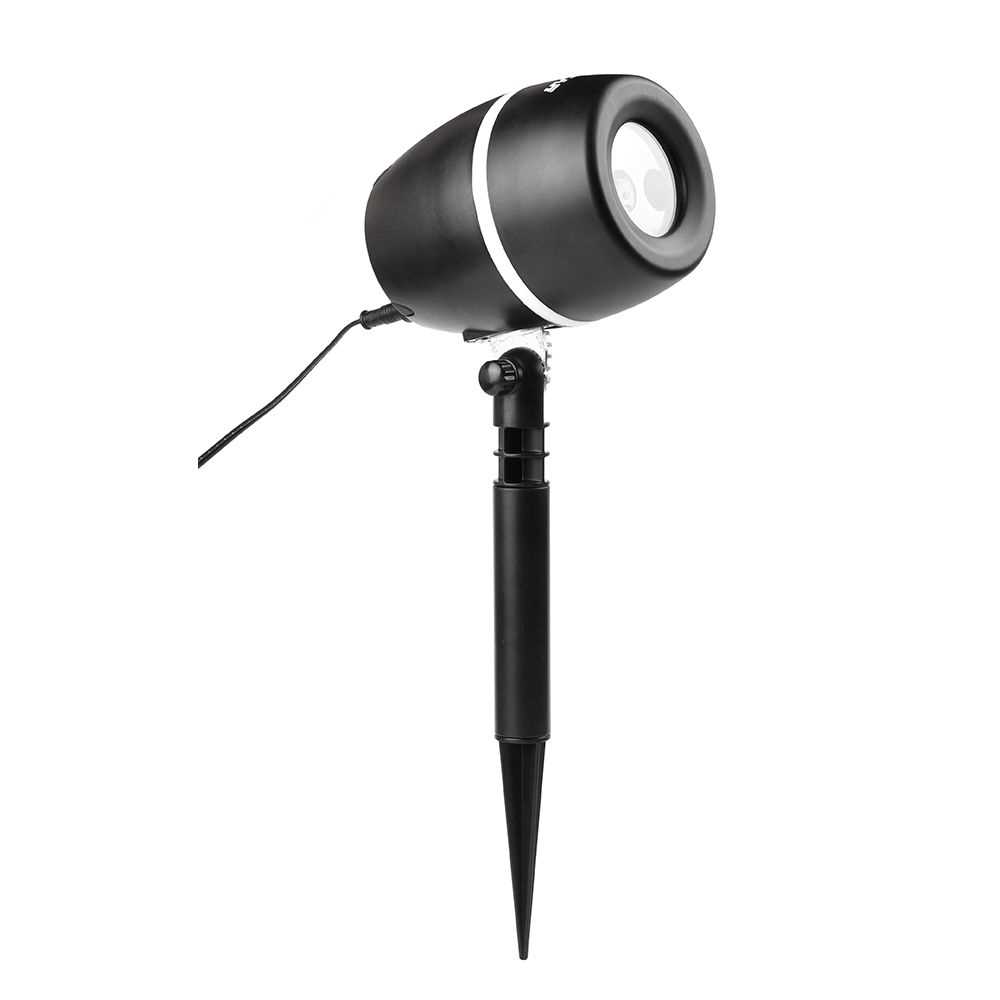 Schwarzer Projektorstrahler auf Erdspieß mit Kabel, zylindrisches Gehäuse mit heller Frontlinse und silbernem Ring