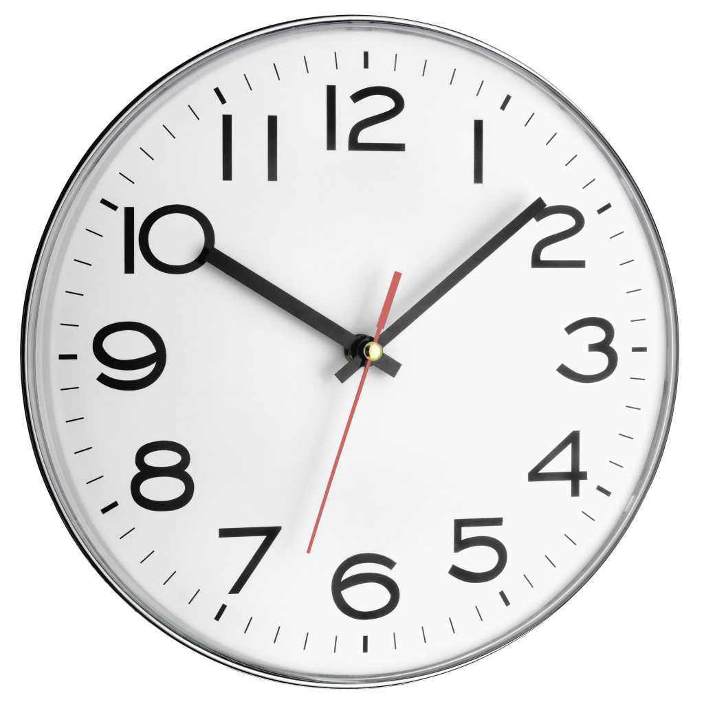 Runde Wanduhr mit silbernem Rand, weißem Zifferblatt, schwarzen Zahlen, schwarzen Zeigern und rotem Sekundenzeiger bei 10:10