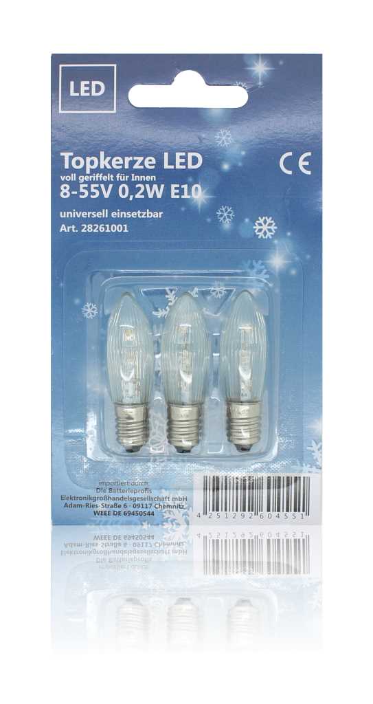 Blisterverpackung mit drei klaren, kerzenförmigen LED-Lampen mit Schraubsockel vor blauem Hintergrund mit Schneeflockenmotiv