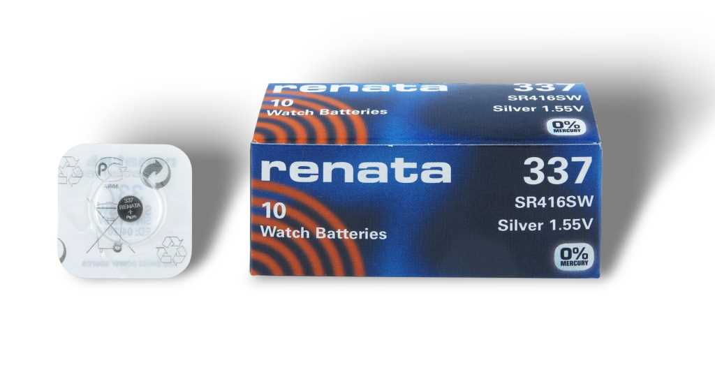 Blaue Kartonschachtel und Blisterverpackung mit Knopfzelle, links Blister, rechts Schachtel mit Aufdruck 337