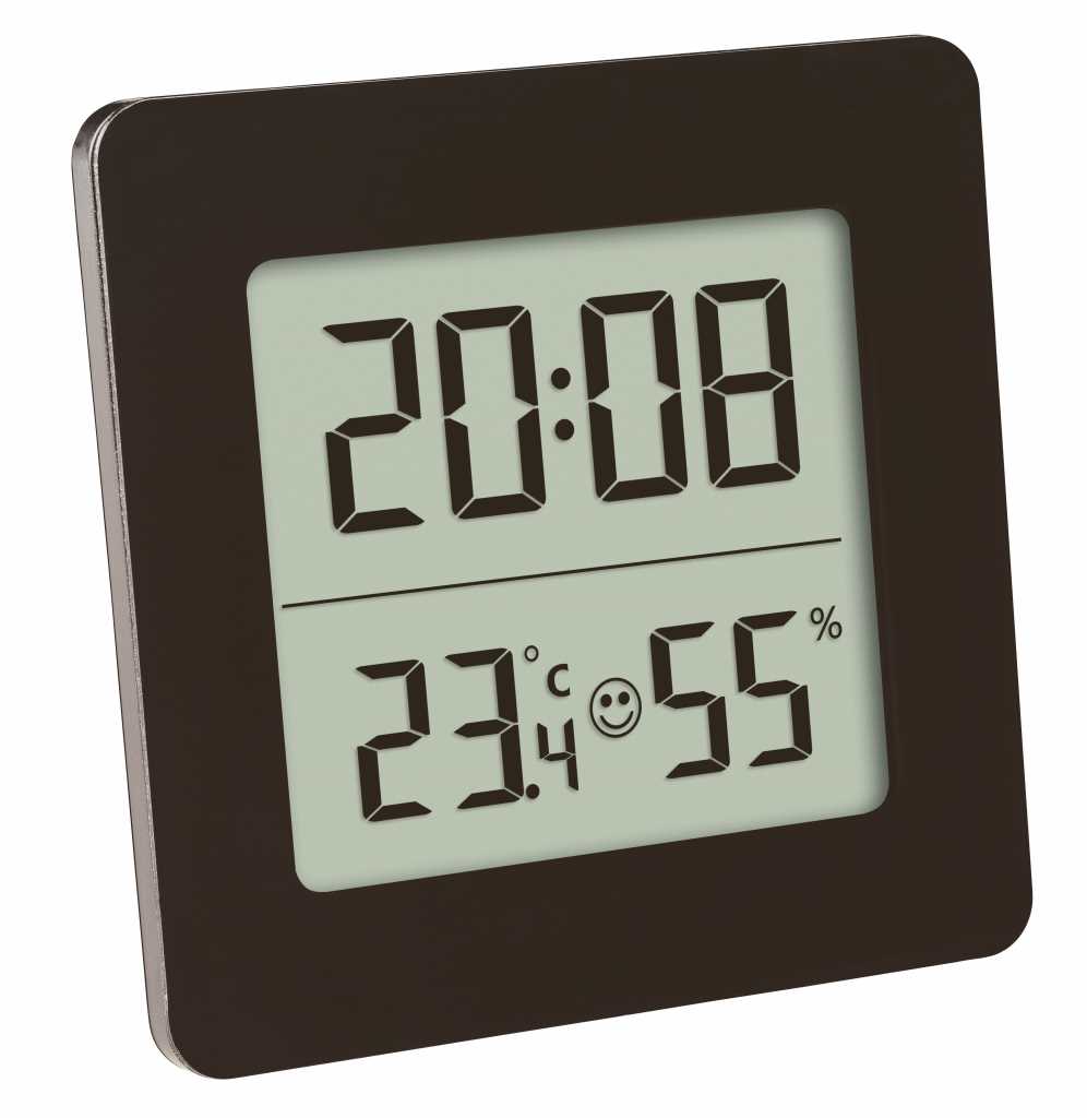 Schwarzes Digitaldisplay mit Uhrzeit 20:08 sowie Anzeige von 23,4 °C und 55 % Luftfeuchte