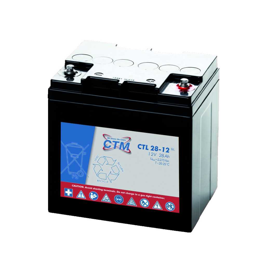 Schwarzer rechteckiger Akku mit zwei Schraubpolen oben und farbigem Etikett auf der Vorderseite