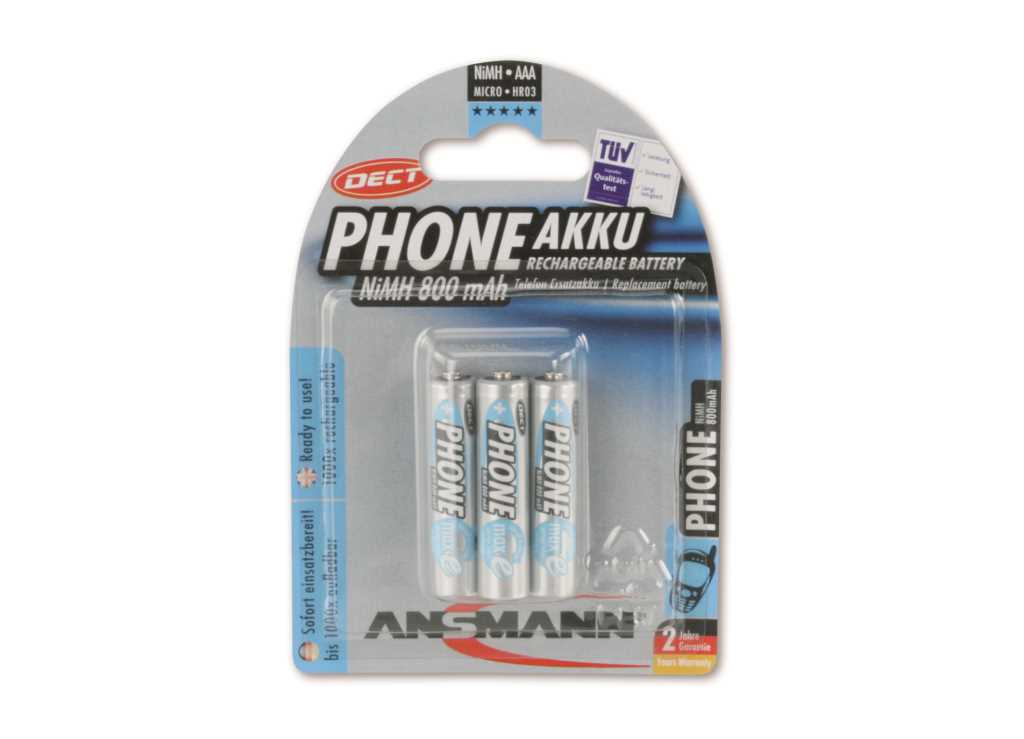 Blisterverpackung mit drei AAA-Akkus in silber-blau, Vorderseite in Blau- und Grautönen mit Prüfsiegeln und Telefon-Icon