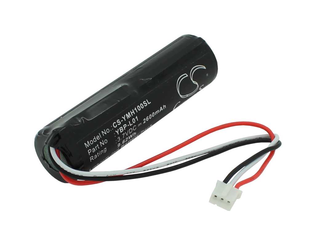 Schwarzer zylindrischer Akkupack mit rot-schwarz-weißem Kabel und weißem 3-poligem Stecker auf weißem Hintergrund