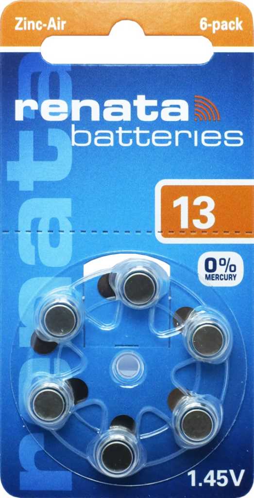 Blisterpackung mit sechs Knopfzellen in blauem Rad auf blauem Hintergrund, orangefarbene Leiste mit 13 und 1,45V unten rechts