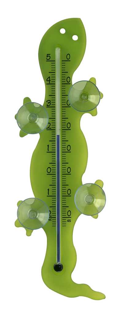Grünes Thermometer in Geckoform mit vier transparenten Saugnäpfen und Skala in der Mitte