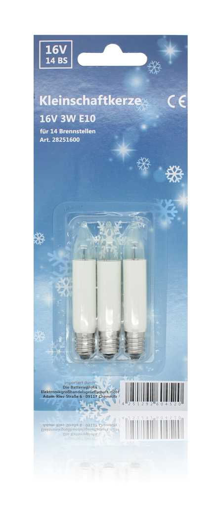 Blisterverpackung mit drei weißen Kerzenlampen mit Schraubsockel vor blauem Hintergrund mit Schneeflockenmotiv