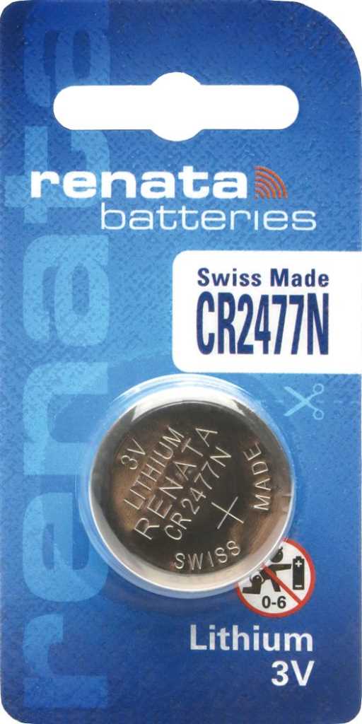 Blisterverpackte Knopfzelle auf blauer Karte mit Markenlogo und Sicherheitszeichen für Kinder unter 6 Jahren
